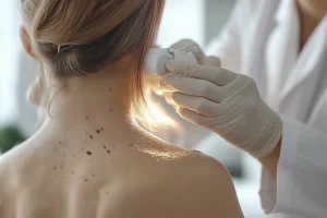Foto que muestra una paciente con acrocordones, siendo revisados por un médico