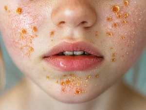 Foto que muestra el rostro de un niño con impétigo